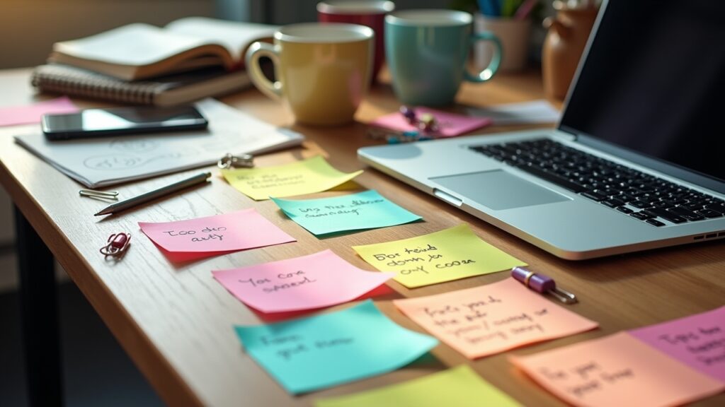 Cluttered desk with sticky notes
