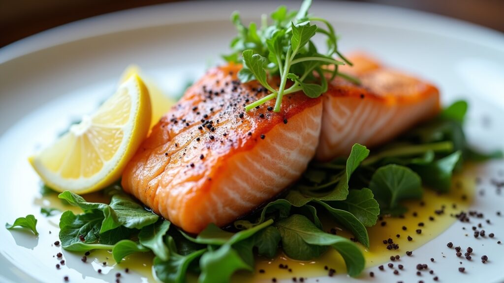 Salmon and greens on plate