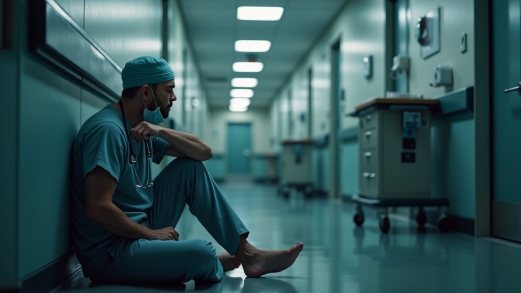 Doctor resting in hallway