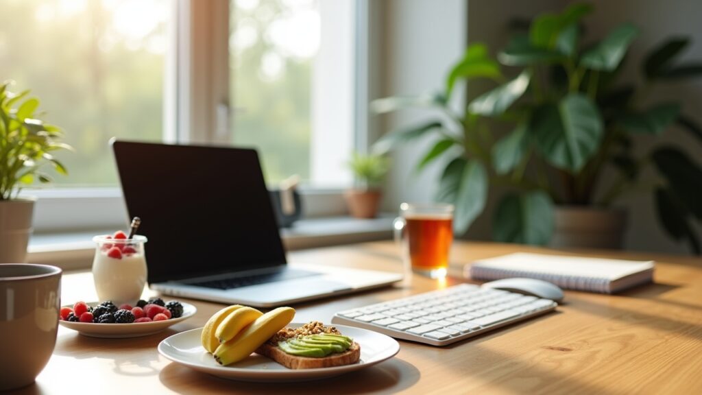Healthy breakfast workspace setup