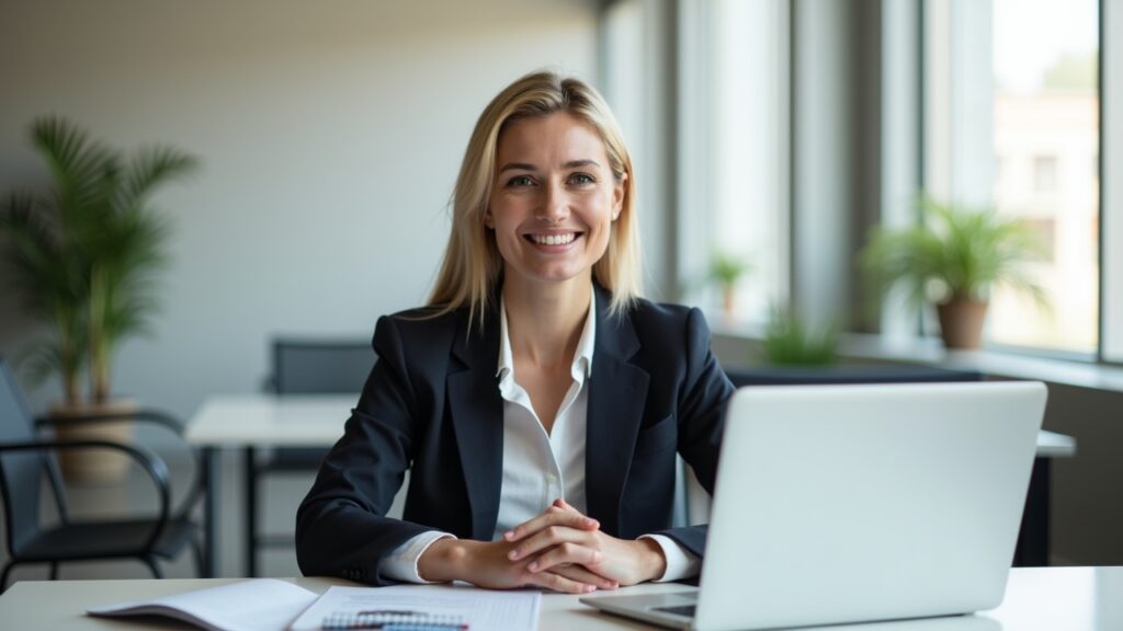 Calm professional at desk