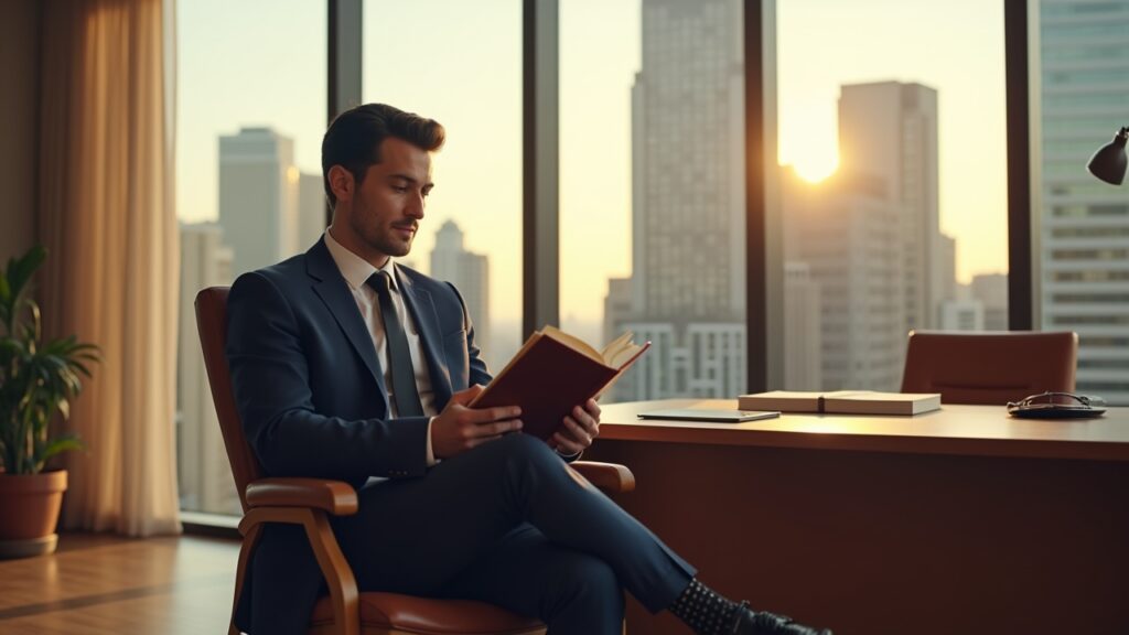 Executive reading a physical book