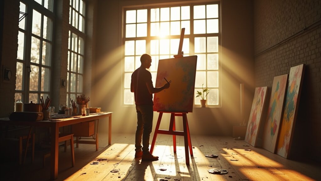 Artist painting in studio