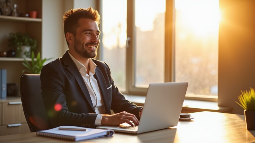 Happy professional at morning desk
