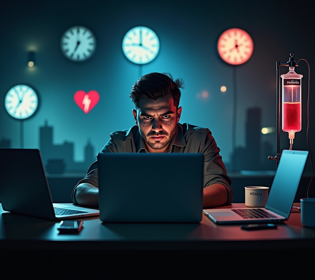 Neon hustle sign in dark office