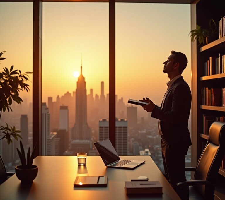 CEO meditating in modern office