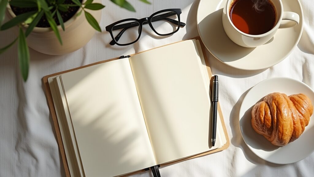 Morning routine flat lay with journal