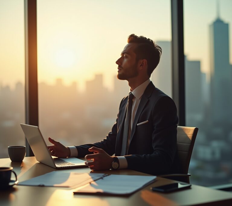 Professional meditating at desk briefly