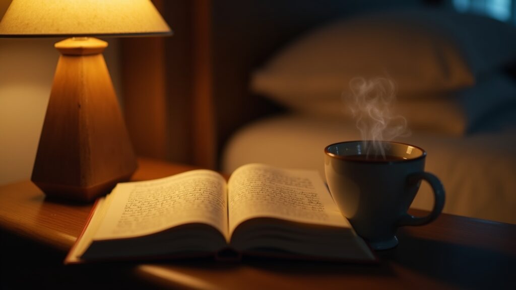 Journal and tea on nightstand