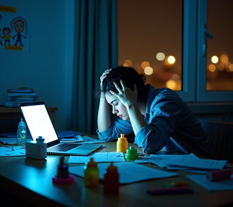 Tired parent at laptop with child