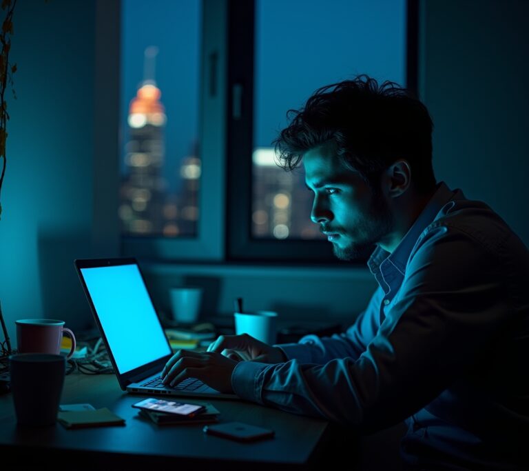 Person slumped on couch with laptop