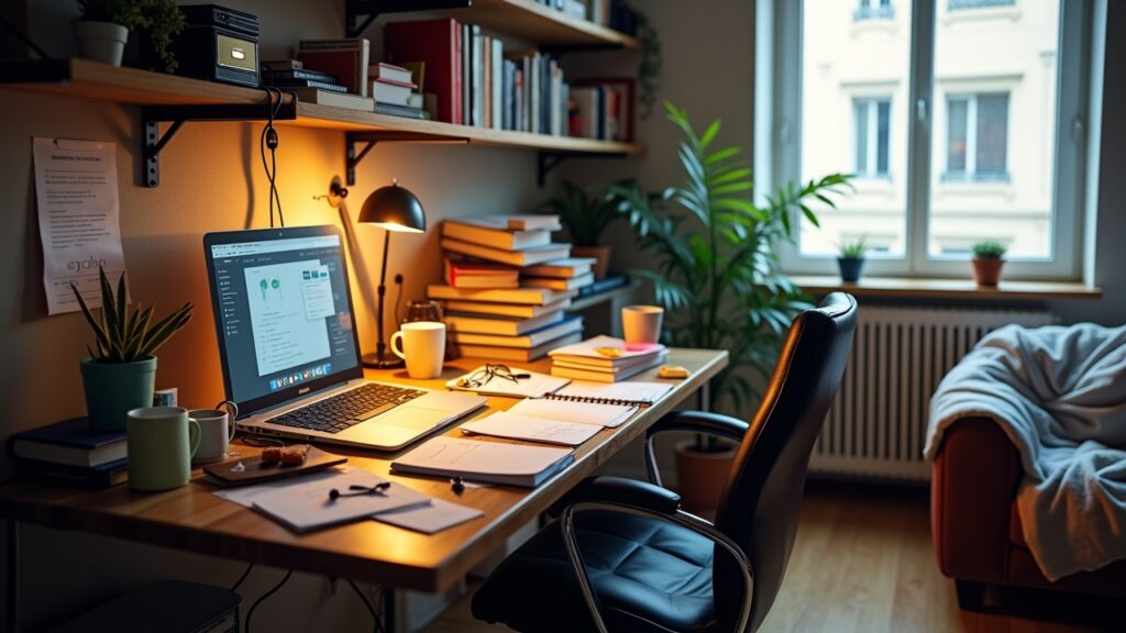 Messy home office setup