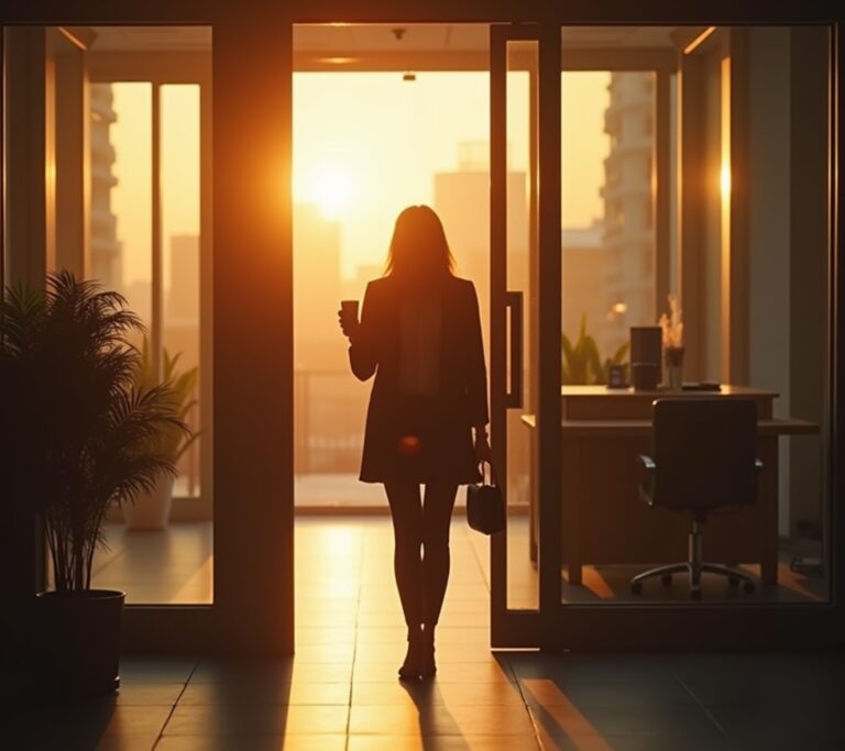 Person walking into office building