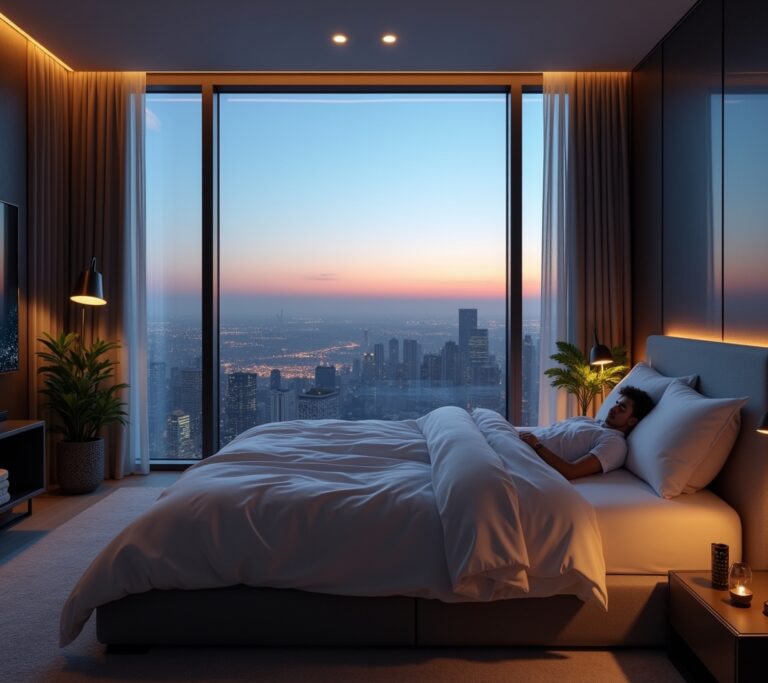 Dark bedroom with quality bedding