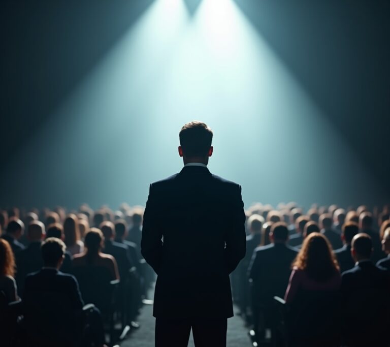 Leader speaking at podium nervously