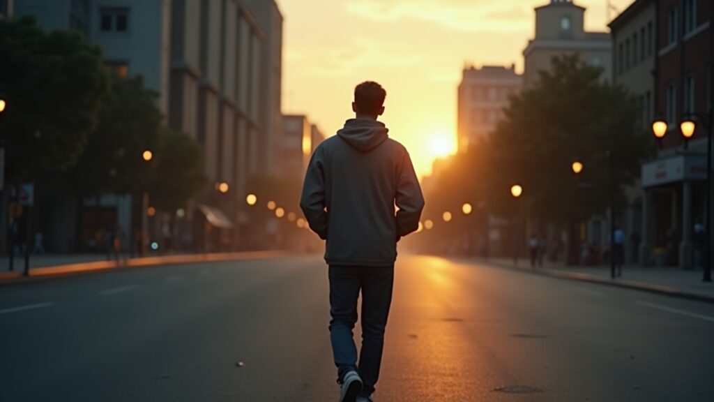Person walking alone thinking