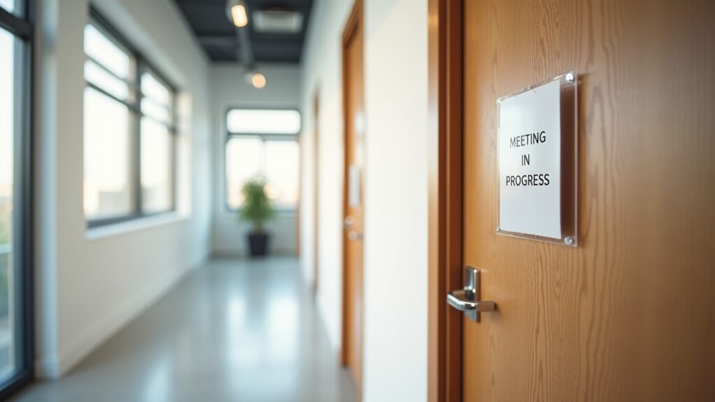 Office door with meeting sign