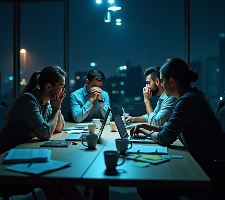 Exhausted team in meeting room